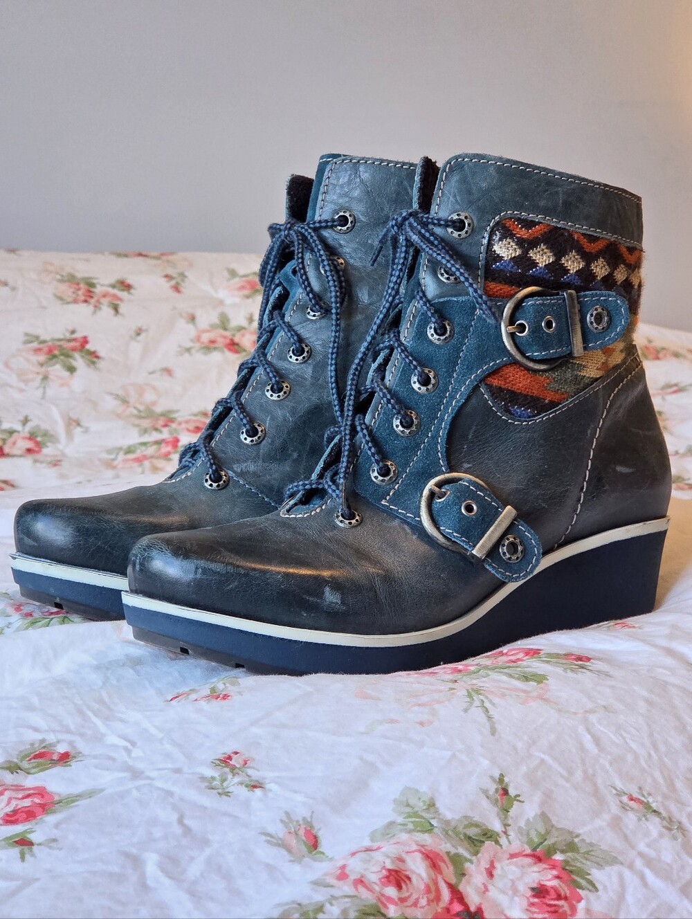 Teal Leather Wedge Platform Boots EU41/10.5  Western Boho Coastal Festival Boots